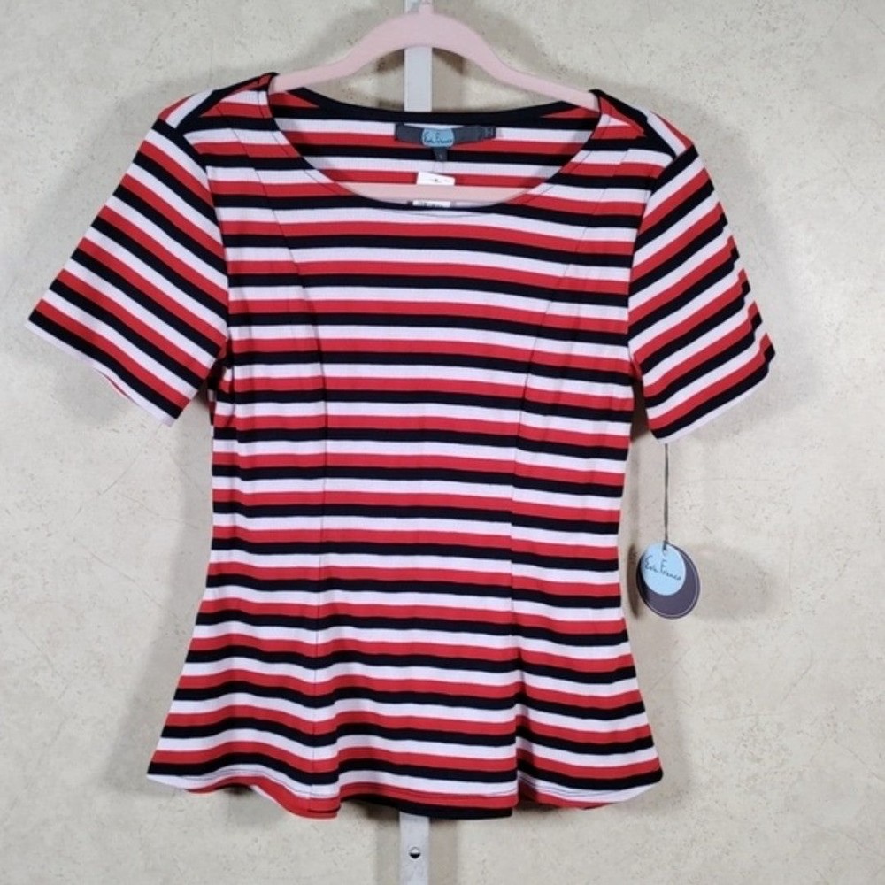 Anthropologie Red, White & Black Striped Short Sleeve Top
